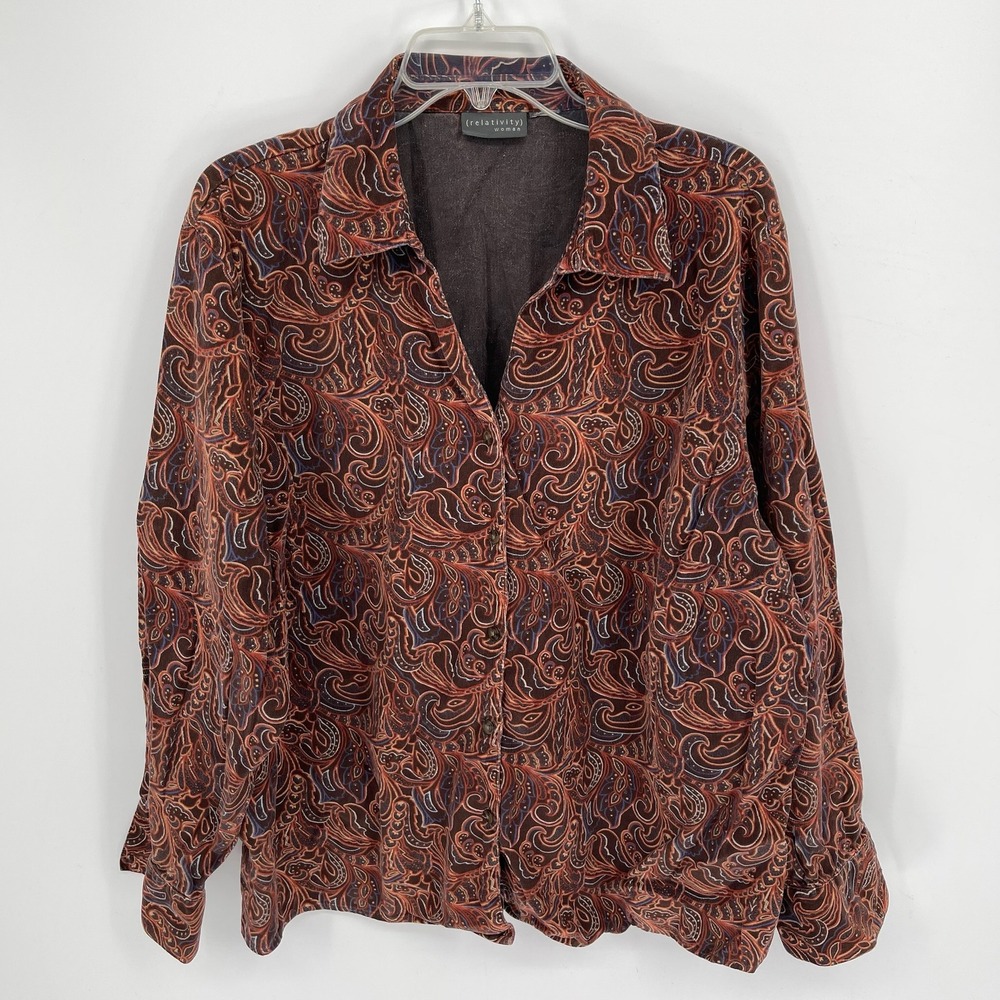 Relativity Women's Brown Paisley Corduroy Button Up Shirt Size 2X